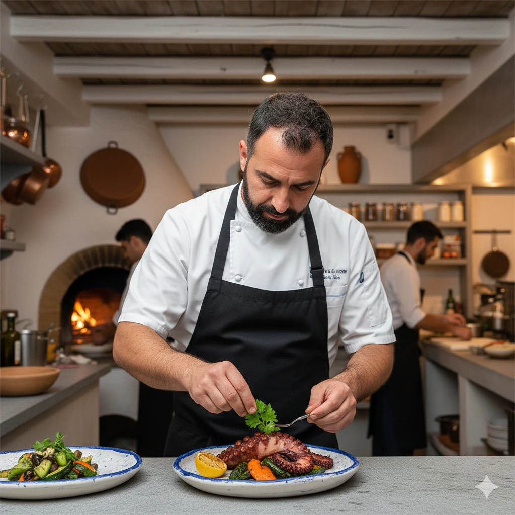 Chef preparing Mediterranean dishes at Thalassa